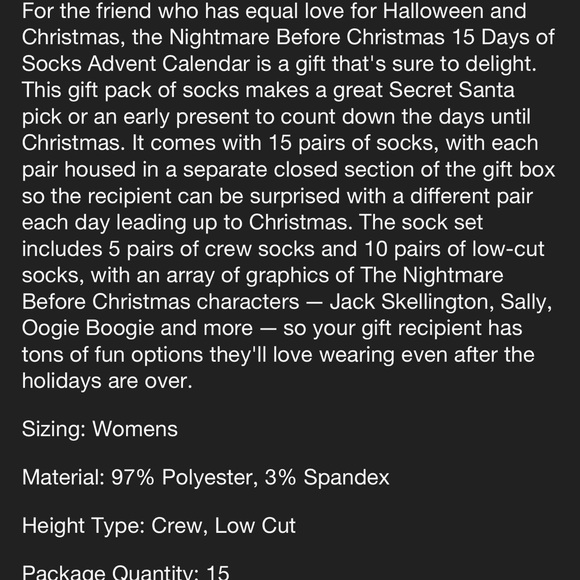 Disney Tim Burton’s “The Nightmare Before Christmas” 15 Fays of Socks - Picture 5 of 5
